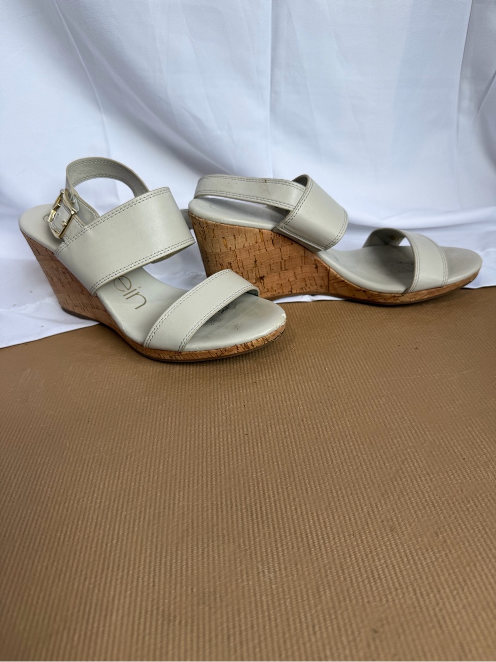 Beige Cork Wedge Sandals with Buckle Strap